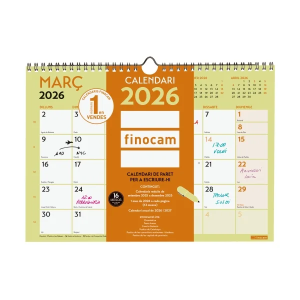Finocam Grafik Calendario de Pared en Catalan - Anual 2026 - 297x10x212mm - Espacio para Escribir - Color Surtidos