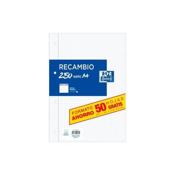 Oxford School Classic Recambio con 250 Hojas A4 Cuadricula 4x4 con Margen