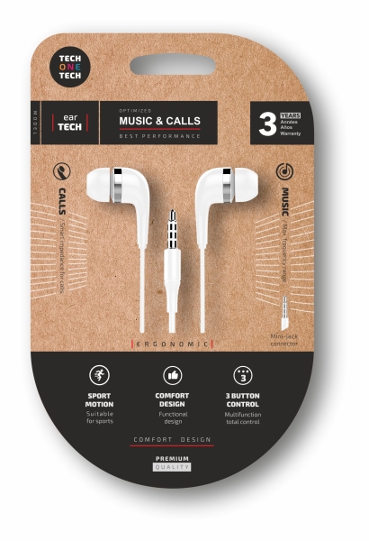 TechOneTech Soft EearTech Auriculares Intraurales - Microfono Integrado - Mini Jack 3.5mm - Cable de 1.20m - Blanco