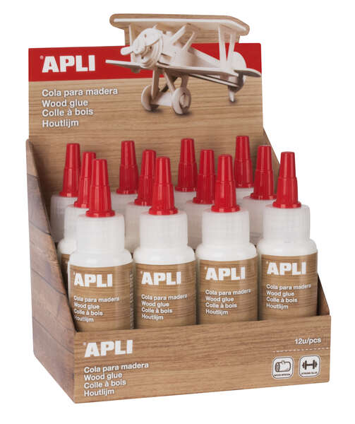 Apli Bote de Cola para Madera 80ml - Aplicador de Precision Incluido - Gran Poder de Adhesion - Transparente al Secar - Sin Disolventes · Pack de 12 uds.