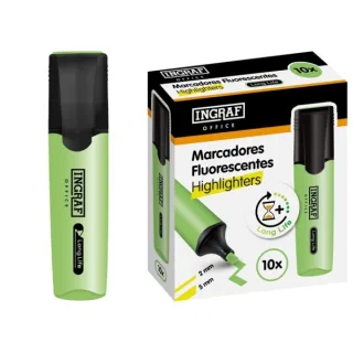 Ingraf Long-Life Marcador Fluorescente - Punta Biselada - Trazo 2-5mm - Tinta Base de Agua - Color Verde · Pack de 10 uds.
