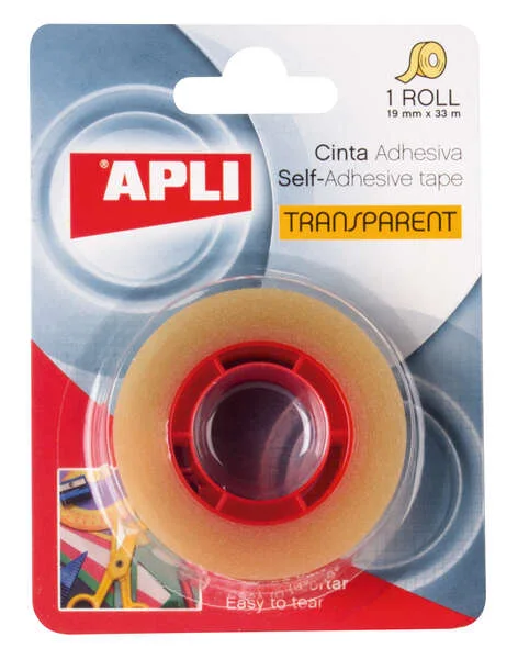 Apli Cinta Adhesiva Transparente 19mm x 33m - Resistente al Agua y a la Humedad - Facil de Cortar con las Manos - Ideal para Uso en Oficina y Hogar Transparente