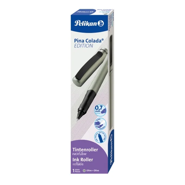 Pelikan Pina Colada Boligrafo Recargable - Trazo de 0.7mm - Agarre Ergonomico Ambidiestro - Cuerpo Rayado Efecto Metalico - Cartucho TP6 Azul Real - Color Oliva · Pack de 8 uds.