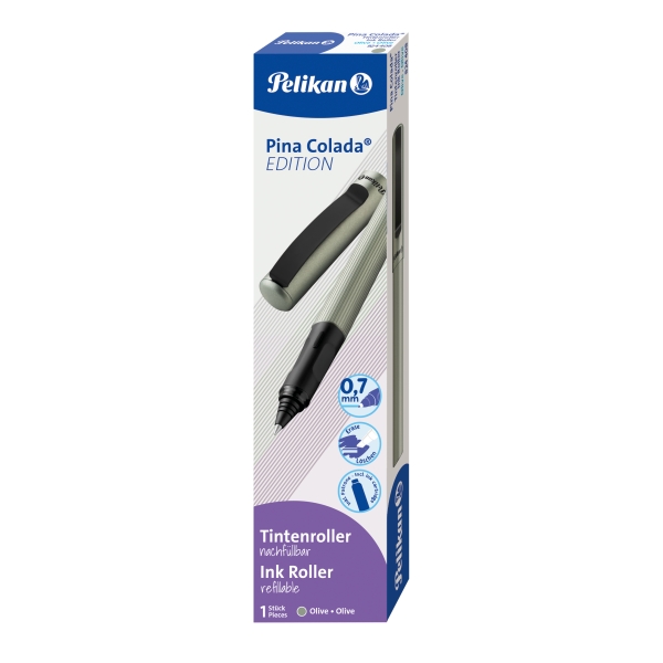 Pelikan Pina Colada Boligrafo Recargable - Trazo de 0.7mm - Agarre Ergonomico Ambidiestro - Cuerpo Rayado Efecto Metalico - Cartucho TP6 Azul Real - Color Oliva · Pack de 8 uds.