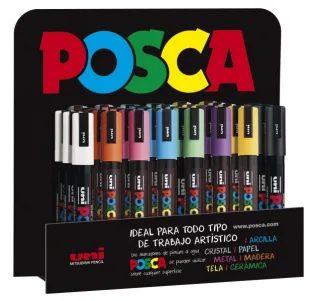 Posca PC-5M Expositor de 36 Marcadores de Pintura - Punta de Bala 1.8-2.5mm - Tinta Base al Agua - No Permanente - Resistente a la Luz - Colores Surtidos