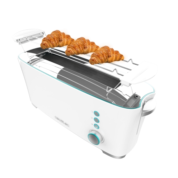 Cecotec Toast and Taste ExtraW Tostadora de Ranura Larga - 1000W - Ranura XL Extra Ancha - Calienta Panecillos - Funciones Descongelar y Recalentar - Funcion de Extra Elevacion - 7 Niveles -