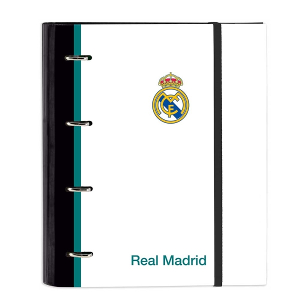 Safta Real Madrid Equipacion 26/27 Carpeta de 4 Anillas de 35mm - Recambio de 100 Hojas A4 - Cuadricula de 5x5mm - 80g/m2 - Separadores Internos - Goma Elastica - 27x32x3.5cm - Color Blanco y Negro