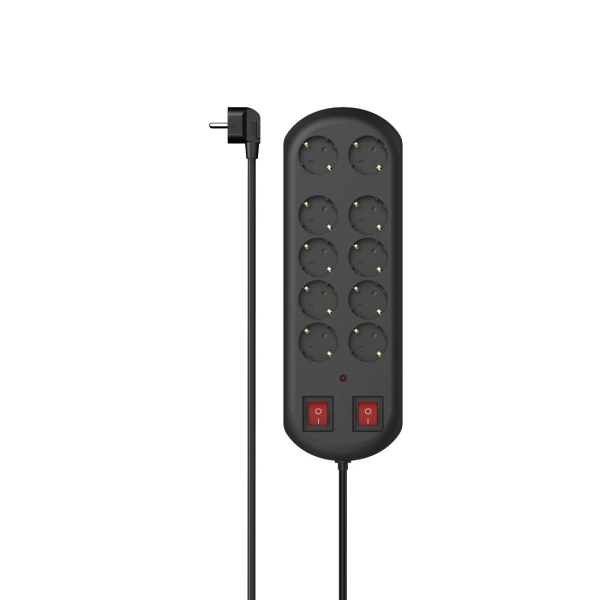 Hama Regleta Alimentacion con 10 Tomas - Potencia Maxima 3500W - Voltaje 230V - Cable 2m - Interruptor de Encendido - Enchufe Schuko en Angulo - 11.6x3.7x35.3cm - Color Negro