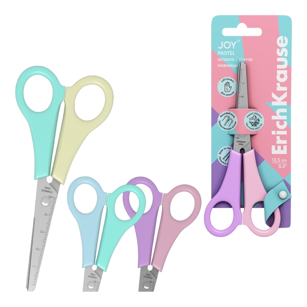 ErichKrause JOY Pastel Tijeras de 13.5cm para Zurdos - Puntas Redondeadas - Mangos de Plastico Resistente a Golpes - Acero Inoxidable - Ergonomicas - Colores Surtidos