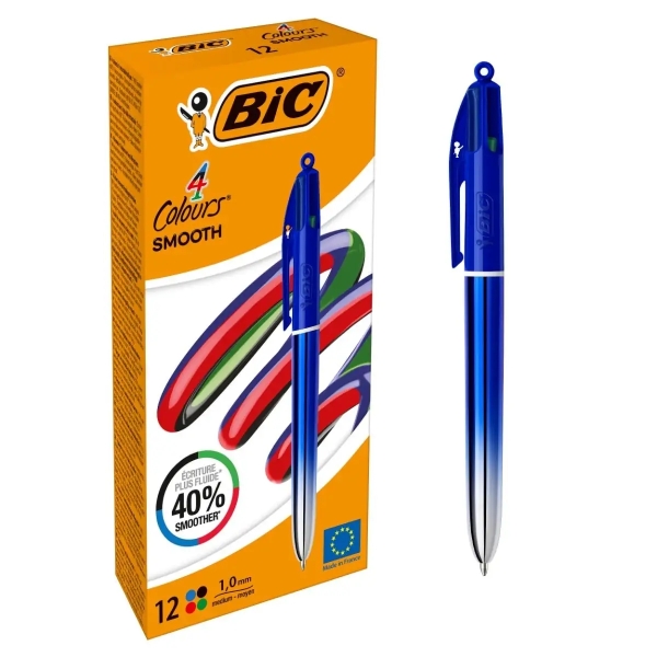 Bic 4 Colours Smooth Gradient Azul Boligrafo de Bola Retractil - Punta Media de 1.0mm - Escritura un 40% mas Suave - 4 Colores · Pack de 12 uds.