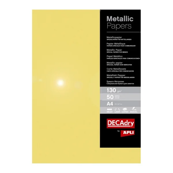 Apli Pack de 50 Hojas de Papel Metalizado - Ideal para Impresiones Especiales - Compatible con Impresoras Inkjet, Laser y Fotocopiadoras - Color Oro