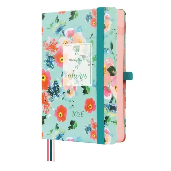 Finocam Minimal Design Agenda - Anual 2026 - Tapa Dura - Cierre con Goma Elastica - Formato M4 - 124x25x174mm - 1 Dia por Pagina - Tematica de Flores