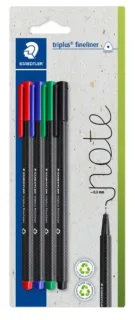 Staedtler Triplus Fineliner 334 Pack de 4 Rotuladores de Punta Fina - Trazo de 0.3mm aprox. - Tinta Antisecado a Base de Agua - Carcasa Fabricada en un 97% de Plastico Reciclado - Colores Su