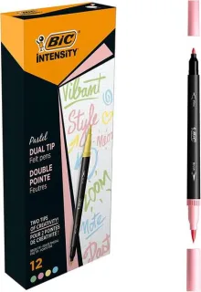 Bic Intensity Dual Tip Pastel Rotulador Doble Punta - Punta de Pincel + Punta Fina - Tinta con Base de Agua - Colores Pastel Surtidos · Pack de 12 uds.