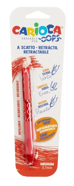 Carioca Oops Boligrafo Retractil Borrable - Tinta Termo Sensible - Empuñadura Ergonomica Triangular - Punta de Ø 0.7mm - Recambios Compatibles - Color Rojo