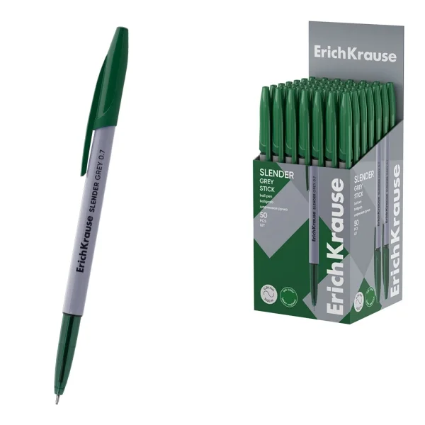 ErichKrause Slender Stick Grey Boligrafo con Capuchon - Punta de Aguja 0.7mm - Cuerpo Opaco Gris - Trazo 0.26mm - Tinta de Baja Viscosidad - Tapa Ventilada - Color Verde · Pack de 50 uds.