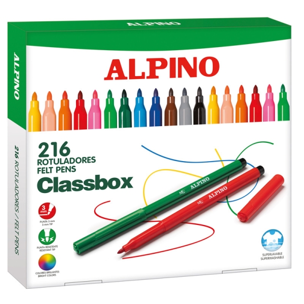 Alpino Pack Economy con 216 Rotuladores de Colores - Punta de 3mm - Superlavables y Brillantes - Uso Escolar - Desarrolla la Creatividad - Colores Surtidos