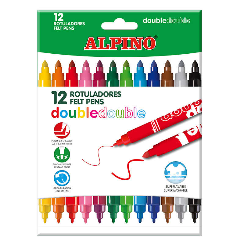 Alpino Double Double Pack con 12 Rotuladores Doble Punta - Punta Gruesa 3.6mm y Fina 2.3mm - Tinta Superlavable - Ideal para Trabajos Escolares y Dibujos - Colores Surtidos