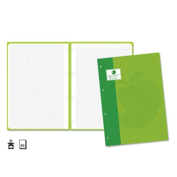 Golden Extra Recambio de 80 Hojas 90gr Cuadricula 4x4 - Formato A4 - 4 Taladros y Banda de Color Verde · Pack de 5 uds.