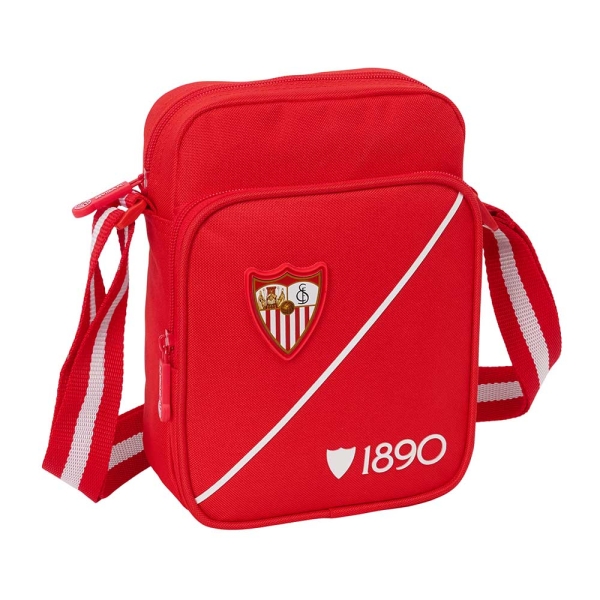 Safta Sevilla FC Bolsito con Bandolera Ajustable - Cierre con Cremallera - Compartimento Trasero con Velcro - Bolsillo Frontal - 16x22x6cm - Color Rojo