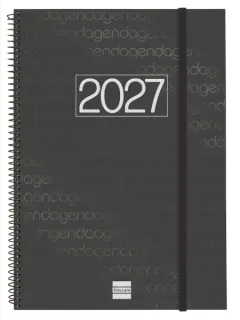 Finocam Espiral Basics Year Agenda - Anual 2027 - Semana Vista Horizontal - Formato E40 - 210x297mm - Espiral - Tapa de Polipropileno - Esquinas Microperforadas - Papel de 80g/m2 - Color Neg