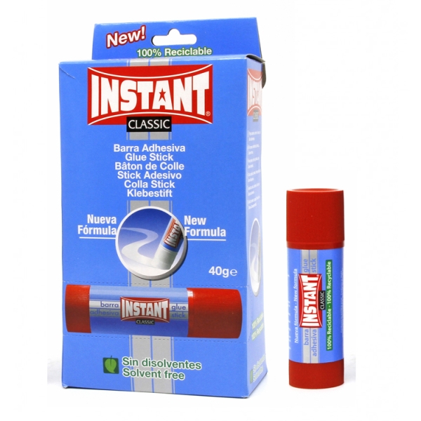 Instant Classic Barra de Pegamento 40grs - Apto para Uso Infantil y/o Domestico - Lavable - Sin Disolventes · Pack de 12 uds.