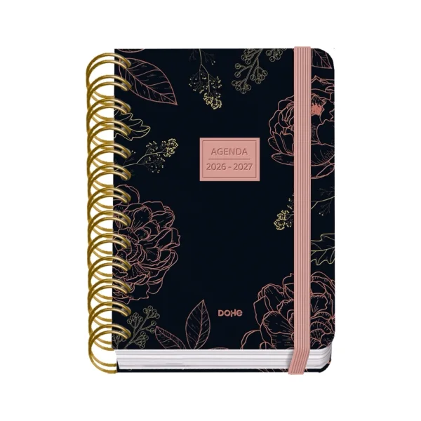Dohe Premium Noir Agenda Escolar 26/27 - Formato A6 - Dia Pagina - Papel Offset Ahuesado 80g - Cubierta de Carton Plastificado - Espiral Metalica Doble - Goma - 12x17x3cm - Color Negro