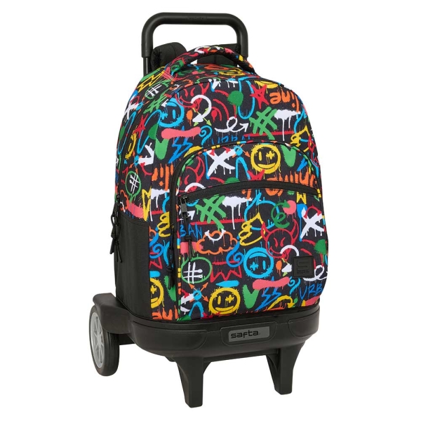 Safta Mochila con Carro - Ruedas Antivibracion Ultrasilenciosas - Bolsillo Frontal - Portabotellas - Tirador Doble - Hombreras Acolchadas - Incluye Tarjeta ID - 33L - 330x220x450mm - Multicolor