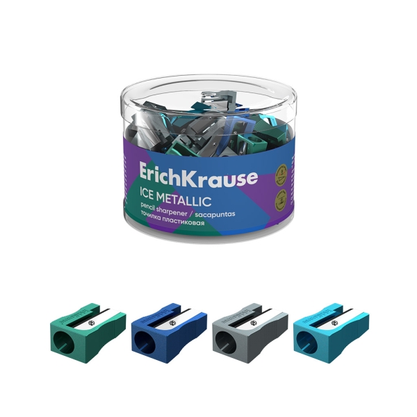 ErichKrause EasySharp Ice Metallic Sacapuntas de Plastico - Cuchilla Niquelada de Acero al Carbono - Orificio de 8mm - Colores Surtidos · Pack de 60 uds.