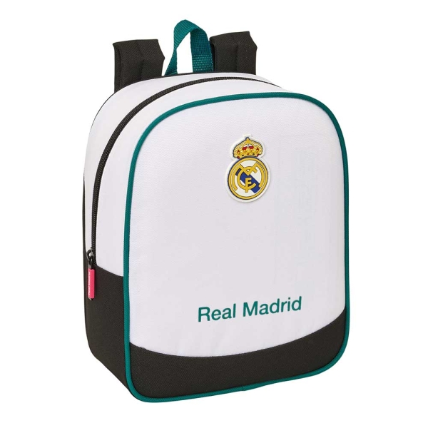 Safta Real Madrid Equipacion 26/27 Mochila Guarderia - 6L - Cremallera - Asa de Mano - Tarjeta de Identificacion Personal - Adaptable a Carrito - 22x27x10cm - Color Blanco y Negro