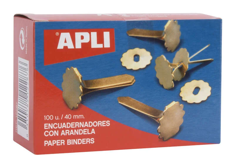 Apli Encuadernadores Metalicos con Arandela - 40mm - Caja de 100 - Aptos para Todo Tipo de Documentos - Incluyen Arandela para Embellecer y Evitar Rozaduras
