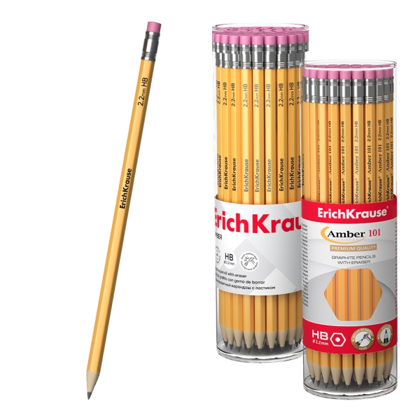 ErichKrause Amber 101 Lapiz de Grafito con Goma de Borrar - Mina HB - Cuerpo Hexagonal - Color Amarillo · Pack de 42 uds.