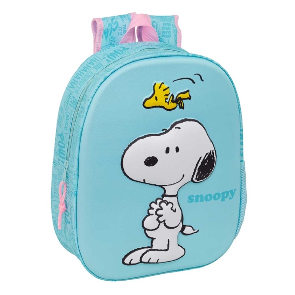 Safta Snoopy Mochila 3D - Portabotellas - Hombreras Acolchadas - Asa de Mano Superior - 27x33x10cm - Color Azul Pastel