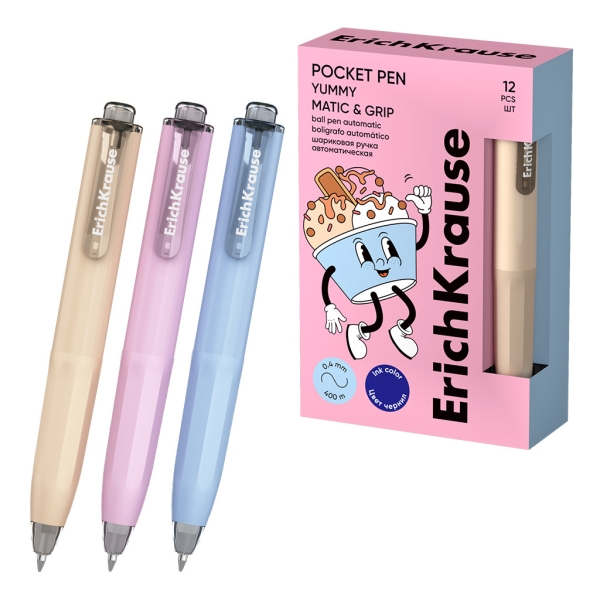 ErichKrause Pocket Pen Matic and Grip Yummy Boligrafo Retractil - Modelos de Cuerpo Surtidos - Trazo 0.4mm - Zona de Agarre de Goma - Color Azul · Pack de 12 uds.
