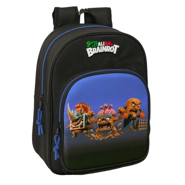 Safta Brainrot Mochila Infantil - Portabotellas - Bolsillo Frontal - Adaptable a Carro - Hombreras Acolchadas - 26x34x11cm - Color Negro y Azul