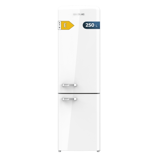Cecotec Bolero CoolMarket Combi Origin 250 NF White E Frigorifico Combi - Capacidad 250L - Estilo Retro - Frio Envolvente - Cajon Humedad Regulable - Clase E - 54x68.8x186.5cm - Color Blanco