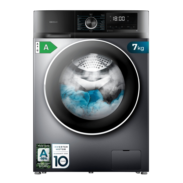 Cecotec Bolero DressCode 7500 Inverter Steel A Lavadora de Carga Frontal - Capacidad 7kg - Velocidad 1400rpm - Seguro Infantil - Display LED - Motor Inverter - Inicio Programable - Color Neg