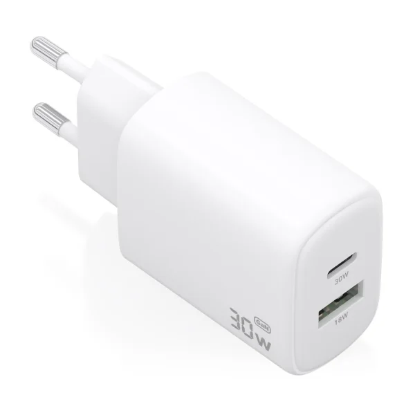 Aisens Cargador GaN 30W - 1xUSB-C PD3.0 QC4.0 - 1xUSB-A QC3.0 - Tecnologia AI - Color Blanco