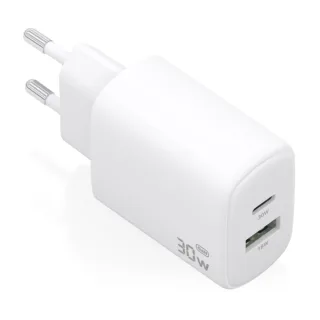Aisens Cargador GaN 30W - 1xUSB-C PD3.0 QC4.0 - 1xUSB-A QC3.0 - Tecnologia AI - Color Blanco