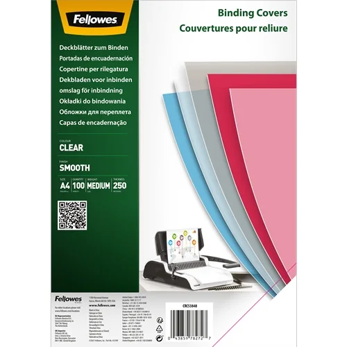 Fellowes Pack de 100 Portadas de Polietileno Transparentes para Documentos A4 - Grosor de 250 Micras - Ideal para Encuadernadoras de Espiral o Canutillo