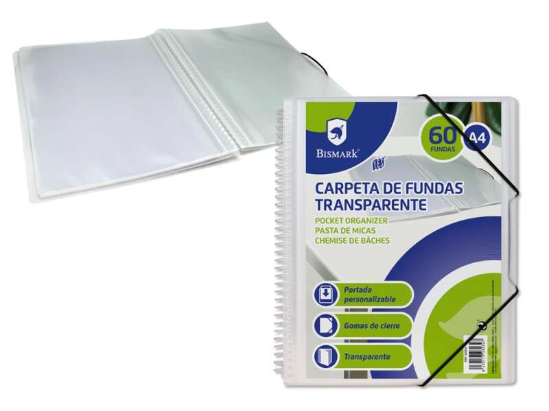 Bismark Carpeta Espiral con 60 Fundas Transparentes A4 - Polipropileno - Portada Personalizable - Espiral Plastica Indeformable - Apertura 360 Grados - Gomas de Cierre