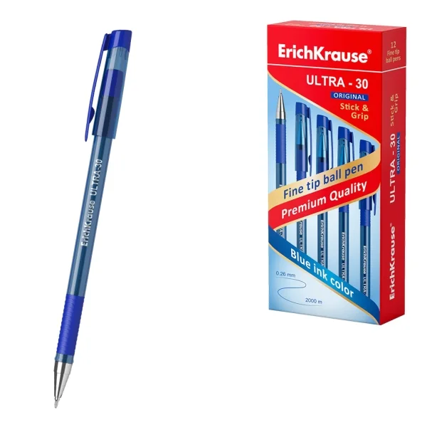 ErichKrause ULTRA-30 Stick and Grip Original Boligrafo con Capuchon - Punta de Aguja 0.7mm - Cuerpo Transparente - Trazo 0.26mm - Zona de Agarre de Goma - Tinta de Baja Viscosidad - Color Azul · Pack de 12 uds.