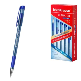 ErichKrause ULTRA-30 Stick and Grip Original Boligrafo con Capuchon - Punta de Aguja 0.7mm - Cuerpo Transparente - Trazo 0.26mm - Zona de Agarre de Goma - Tinta de Baja Viscosidad - Color Az