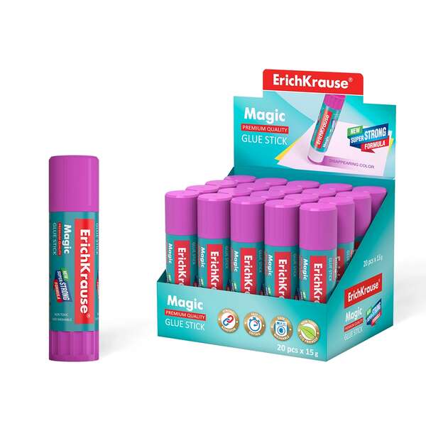 Erichkrause Magic Pegamento en Barra Super Fuerte - Adhesion Rapida y Fiable - Color Gradualmente Desaparece - No Toxico - Resistente al Frio - Color Blanco · Pack de 20 uds.