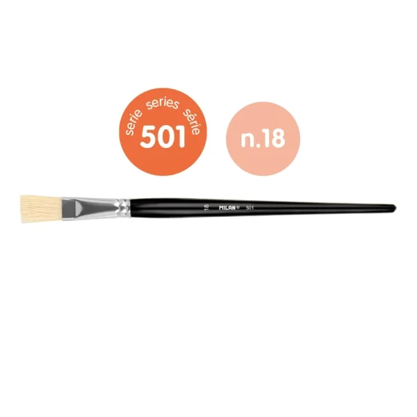Milan 501 Pack de 4 Pinceles Planos Numero 18 - Bolsa con Colgador - Cerda Natural - Color Negro