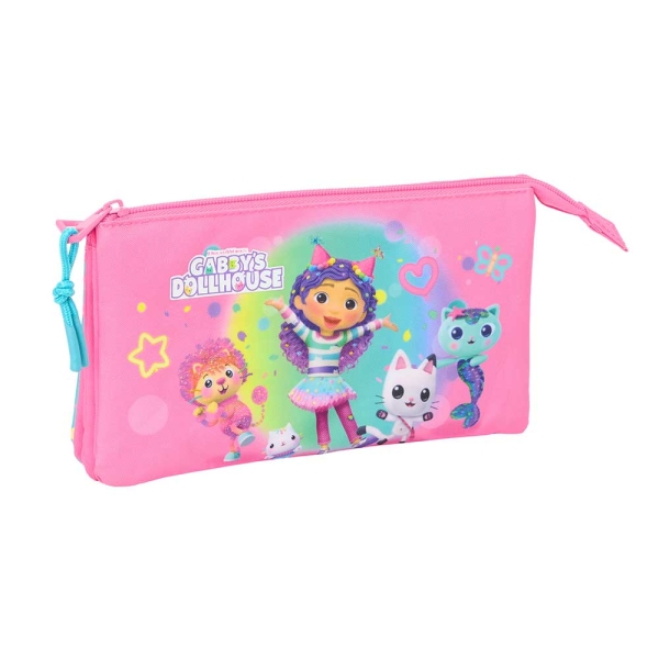 Safta Gabby's Dollhouse Confetti Portatodo - 3 Compartimentos con Cremalleras - Bolsillo Interior - 0.6L - 220x30x120mm - Color Rosa