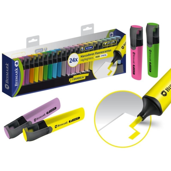 Bismark Pack de 24 Marcadores Fluorescentes - Punta Biselada 2 - 5mm Aprox - Tinta Base de Agua - Larga Duracion - Colores Neon y Pastel Surtidos