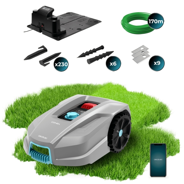 Cecotec Conga GrassHopper 800 Connected Robot Cortacesped Inteligente - Cobertura hasta 800m2 - Resistente al Agua IPX5 - Sensor de Lluvia - Ajuste de Altura de Corte - Color Negro y Gris