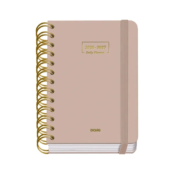 Dohe Premium Agenda Escolar 26/27 - Formato A6 - Dia Pagina - Papel Offset Ahuesado 80g - Cubierta de Carton Plastificado - Espiral Metalica Doble - Goma - 12x17x3cm - Color Beige