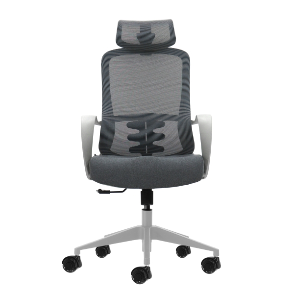 Oqonos Cherg 008 Silla de Oficina Ergonomica con Reposacabezas Cervical Ajustable, Respaldo de Malla Transpirable, Piston de Gas Clase 4, Soporte Lumbar, Reposabrazos Fijos, Asiento Ergonomico Moldeado y Ruedas de Silicona - Gris
